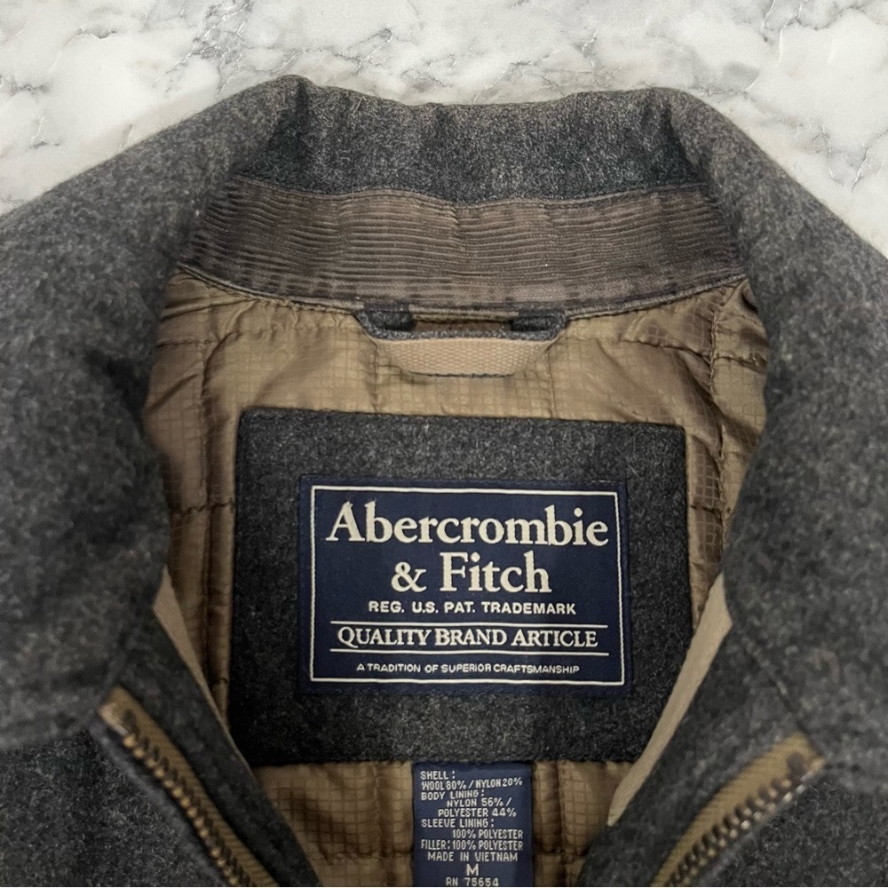 Abercrombie 90’s Y2K Mens Gray Wool Zip Front Bomber Coat Jacket Corduroy Cuffs - Picture 13 of 14